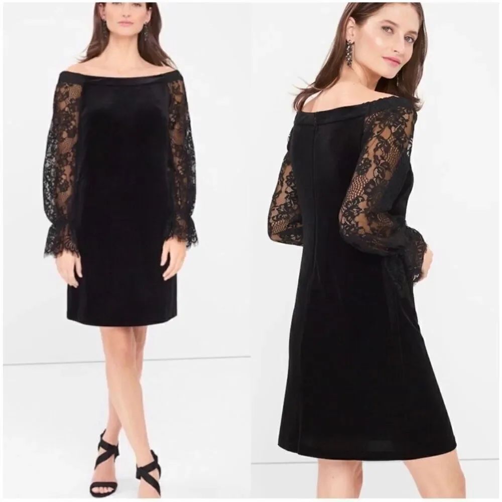 White House Black Market Off Shoulder Velvet Lace Shift Dress size 8